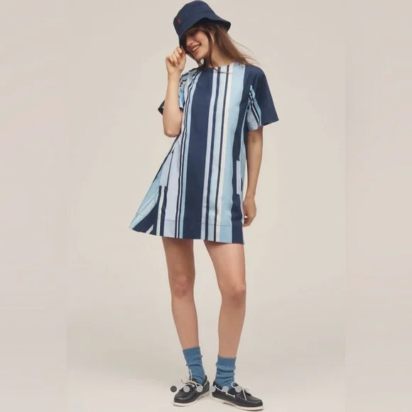 Anthropologie ‘The Emmy’ Short-Sleeve Swing Mini Dress by Maeve - Blue XS - Picture 1 of 10